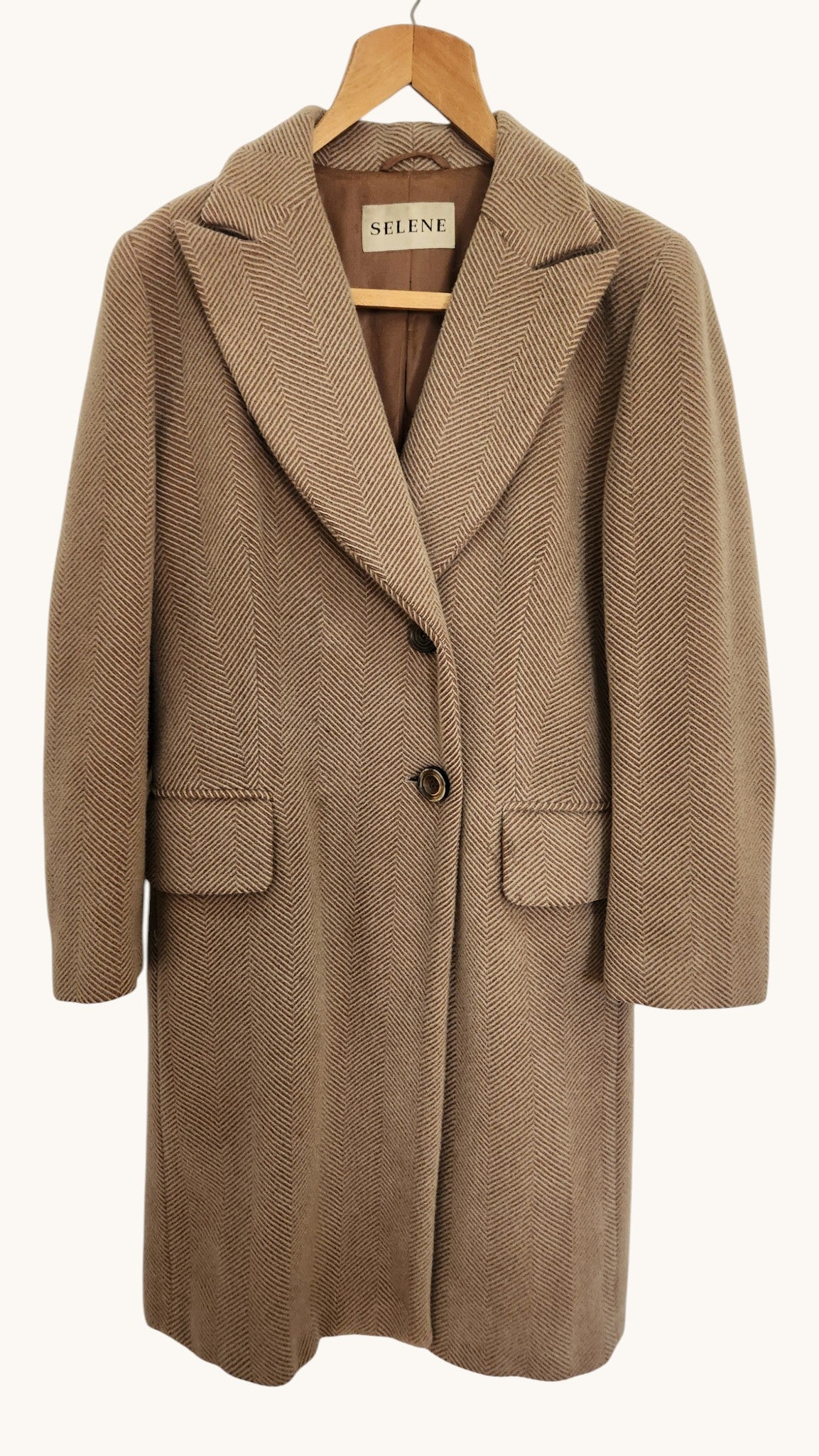 SELENE Camel Herringbone 100% Virgin Wool Long Coat – European Tailored Outerwear