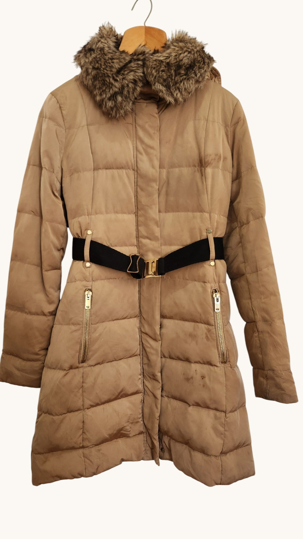 Mango Suit Faux Fur Hooded Belted Puffer Coat – Camel Beige Winter Jacket (XS)