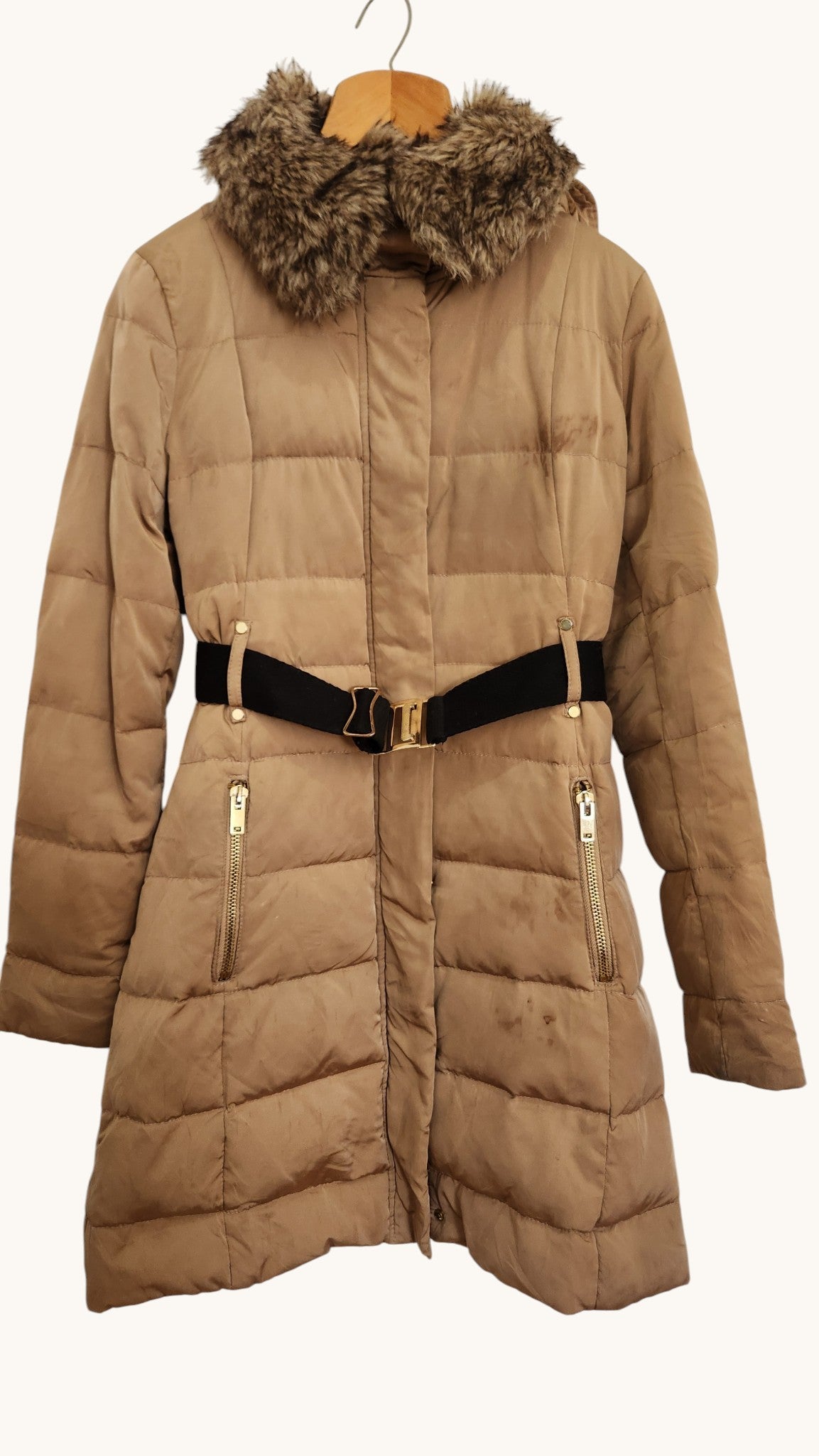 Mango Suit Faux Fur Hooded Belted Puffer Coat – Camel Beige Winter Jacket (XS)