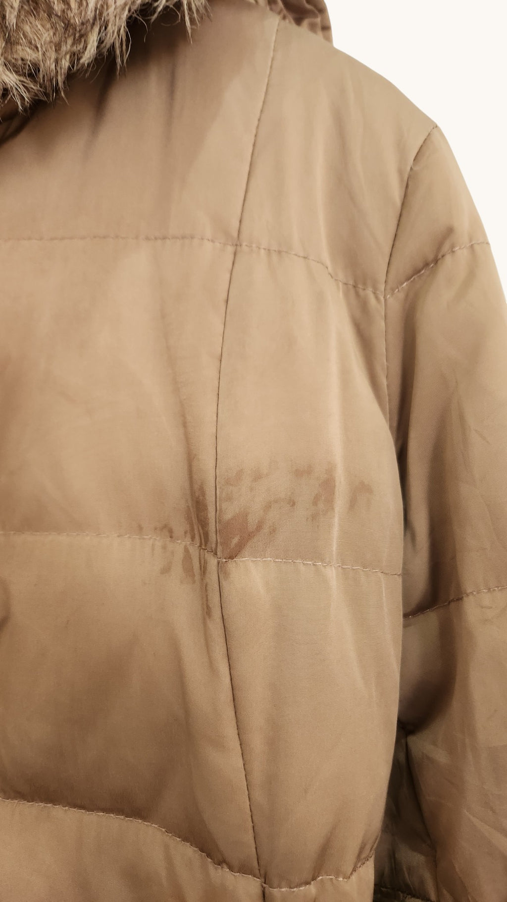 Mango Suit Faux Fur Hooded Belted Puffer Coat – Camel Beige Winter Jacket (XS)