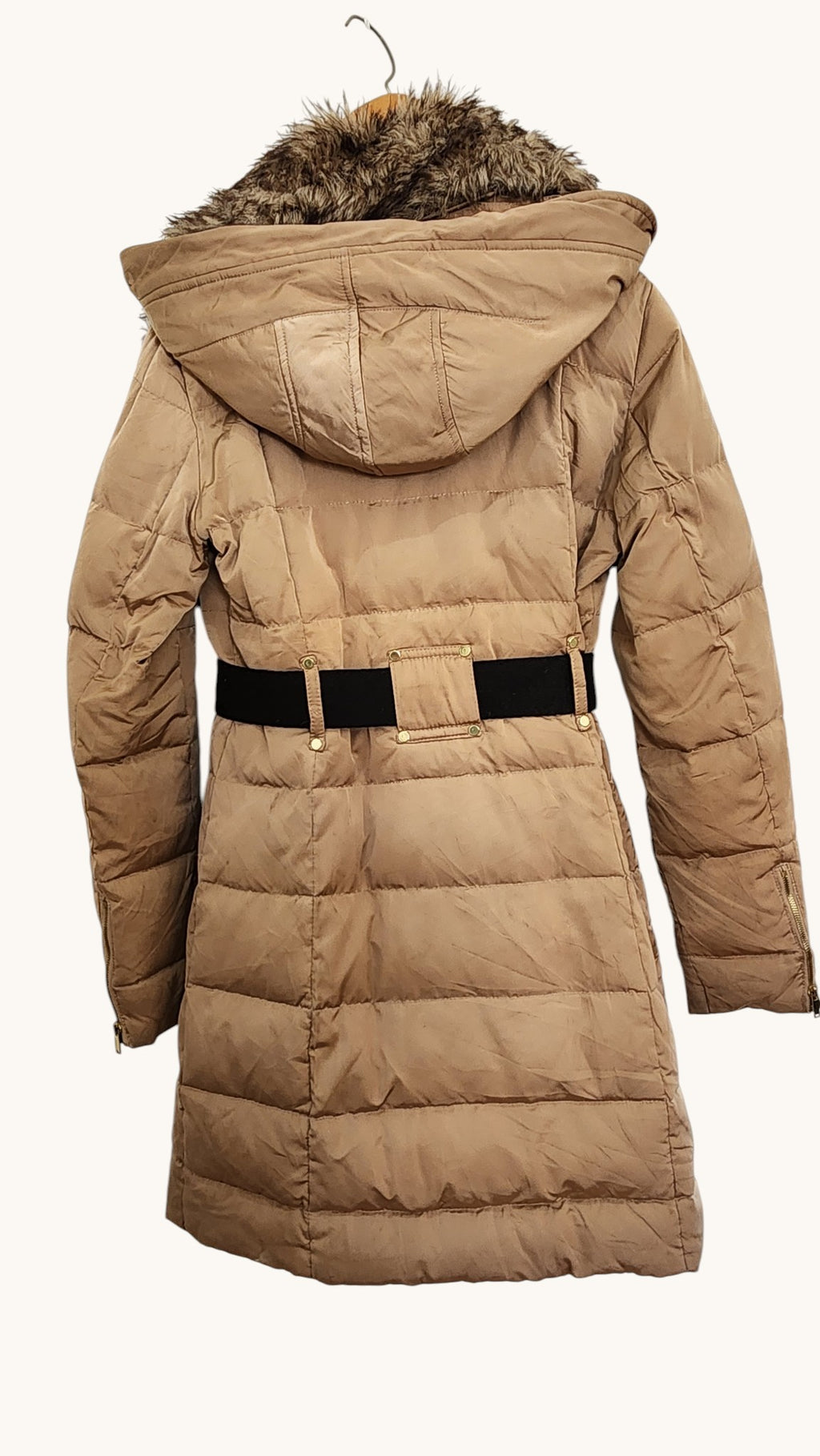 Mango Suit Faux Fur Hooded Belted Puffer Coat – Camel Beige Winter Jacket (XS)