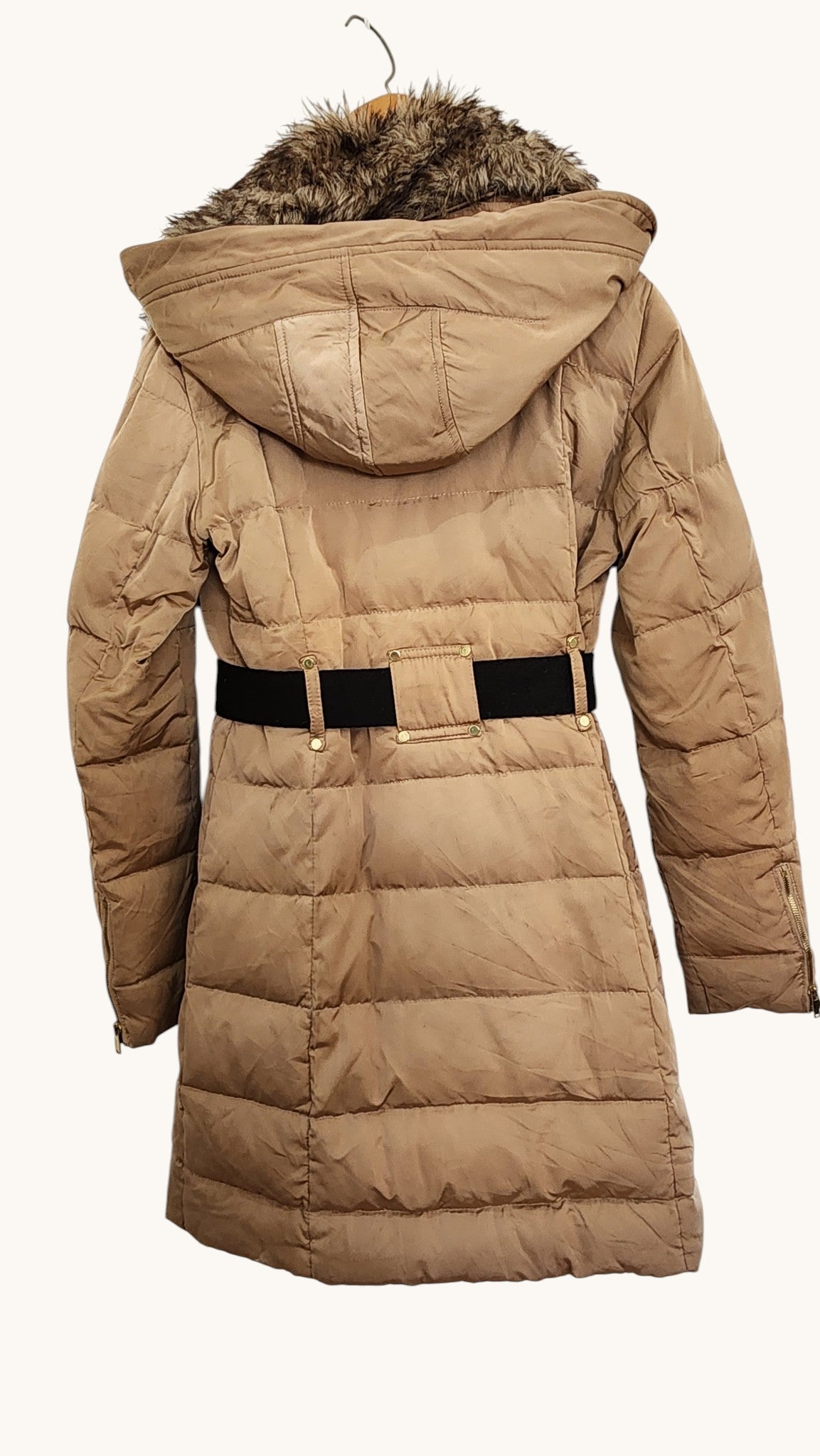 Mango Suit Faux Fur Hooded Belted Puffer Coat – Camel Beige Winter Jacket (XS)