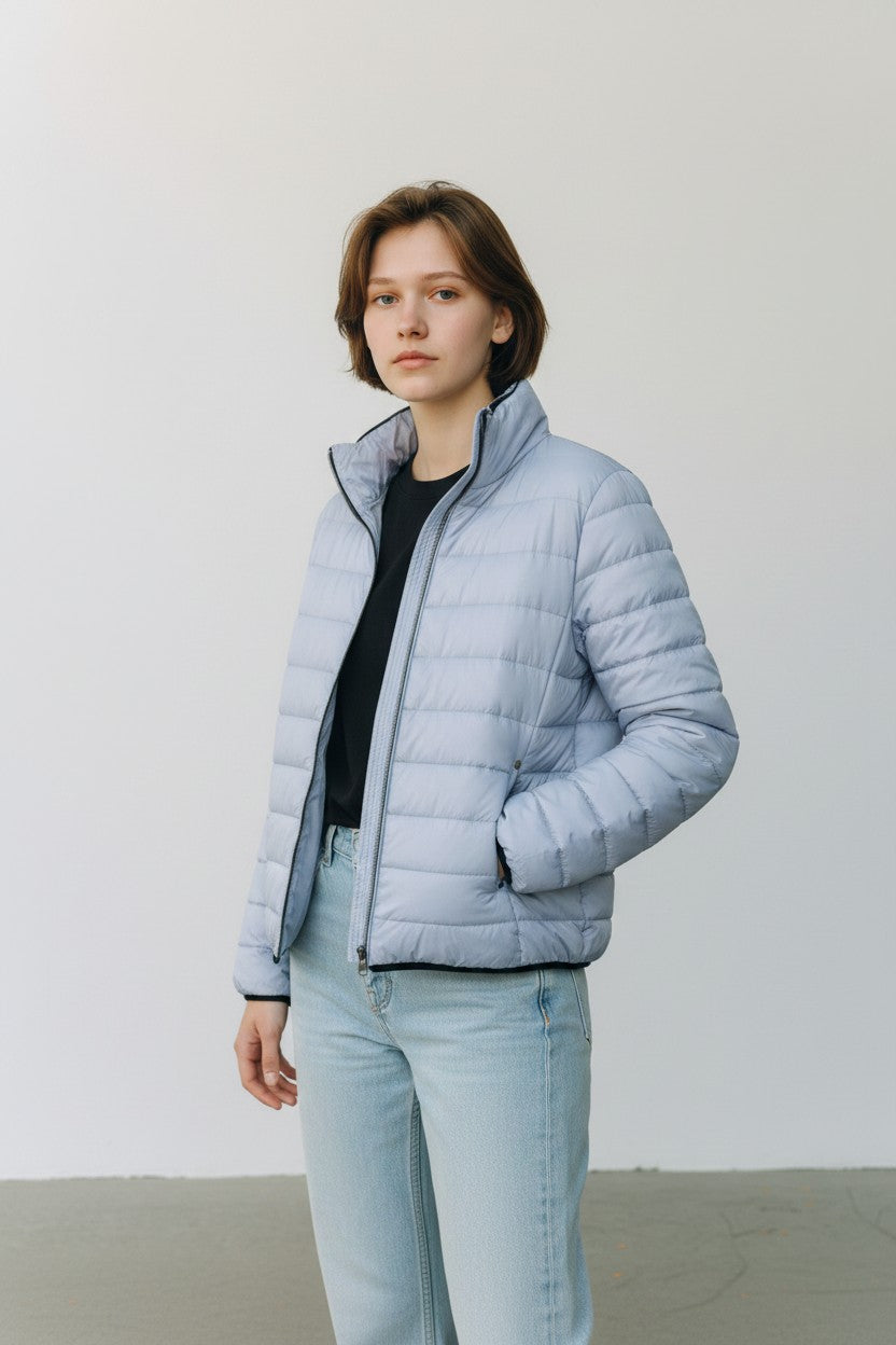 Fransa Lightweight Quilted Puffer Jacket – Powder Blue Winter Coat (XL)