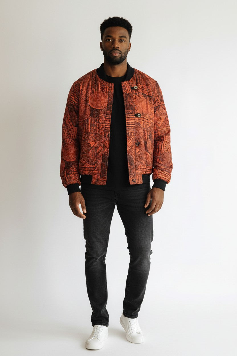 Vintage Unisex Tribal Print Bomber Jacket – Orange/Black – Size EU 38