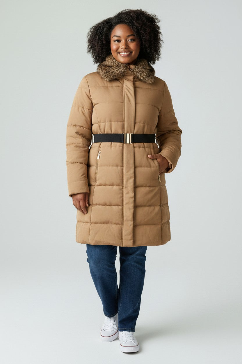 Mango Suit Faux Fur Hooded Belted Puffer Coat – Camel Beige Winter Jacket (XS)