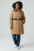 Mango Suit Faux Fur Hooded Belted Puffer Coat – Camel Beige Winter Jacket (XS)