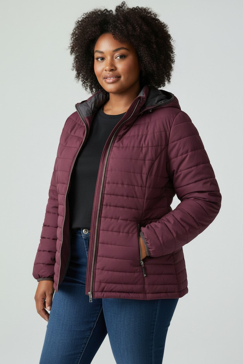 Killtec Women's Quilted Hooded Puffer Jacket – Burgundy (US 14 / EU 164)