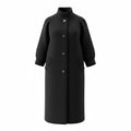 Z&A black longline coat with high-neck collar, button-front closure, and voluminous sleeves in textured fabric.