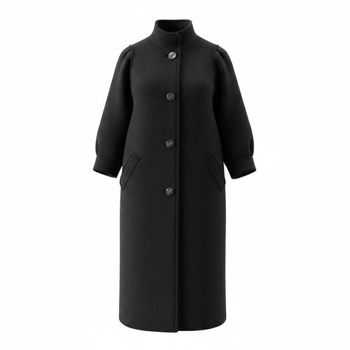 Z&A black longline coat with high-neck collar, button-front closure, and voluminous sleeves in textured fabric.