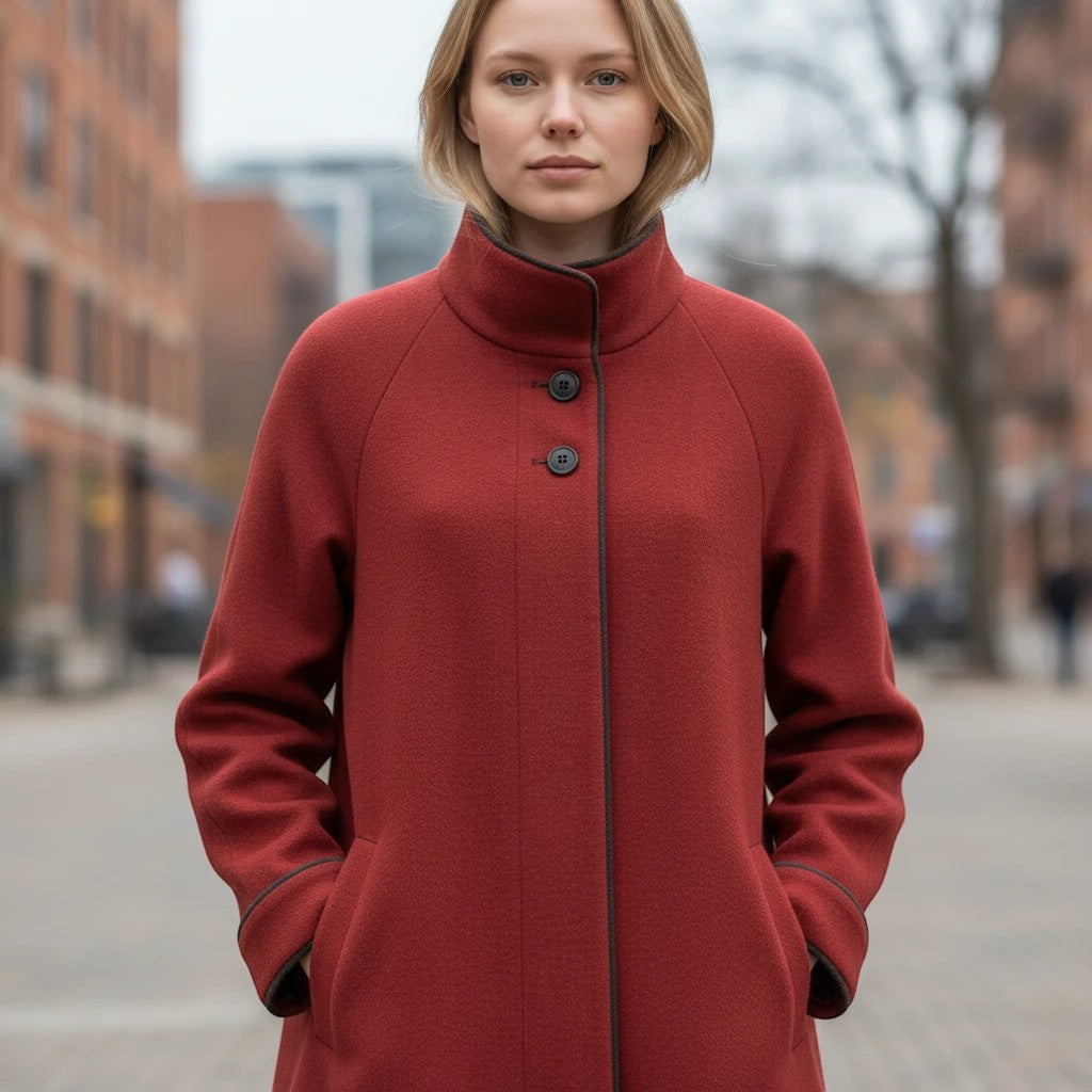 Z&A deep crimson red wool-blend A-line winter coat with a funnel neck and contrast piping on a woman outdoors.