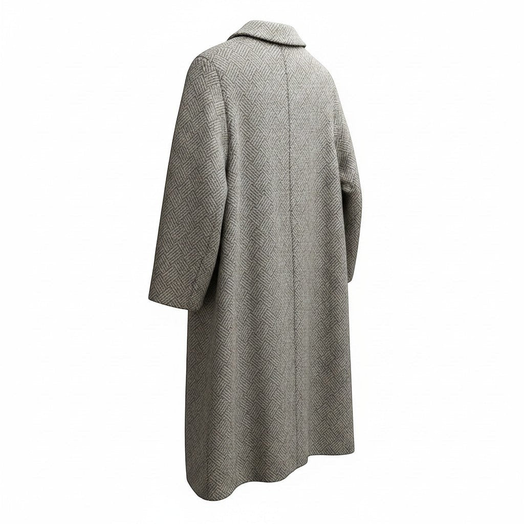 Z&A longline coat in a grey textured wool-blend fabric with a subtle geometric herringbone pattern, back view.