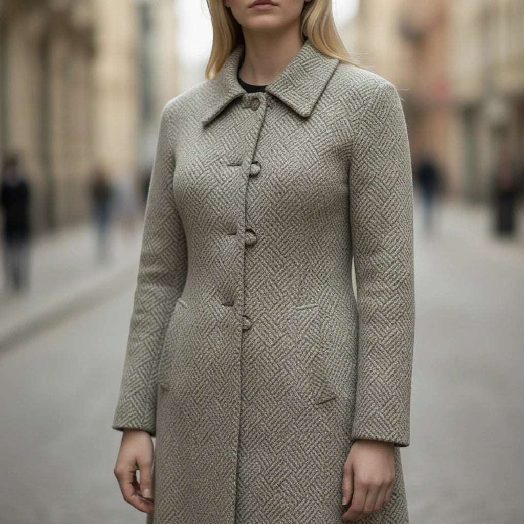 Z&A longline coat in grey textured wool blend with a geometric herringbone pattern and button-front closure.