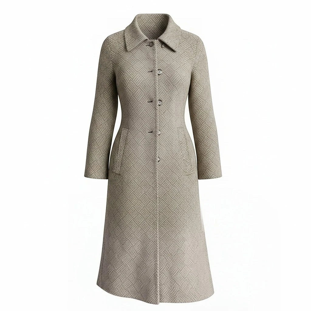 Z&A textured wool blend longline coat in beige with a geometric herringbone pattern, point collar, and button front.