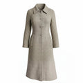 Z&A textured wool blend longline coat in beige with a geometric herringbone pattern, point collar, and button front.