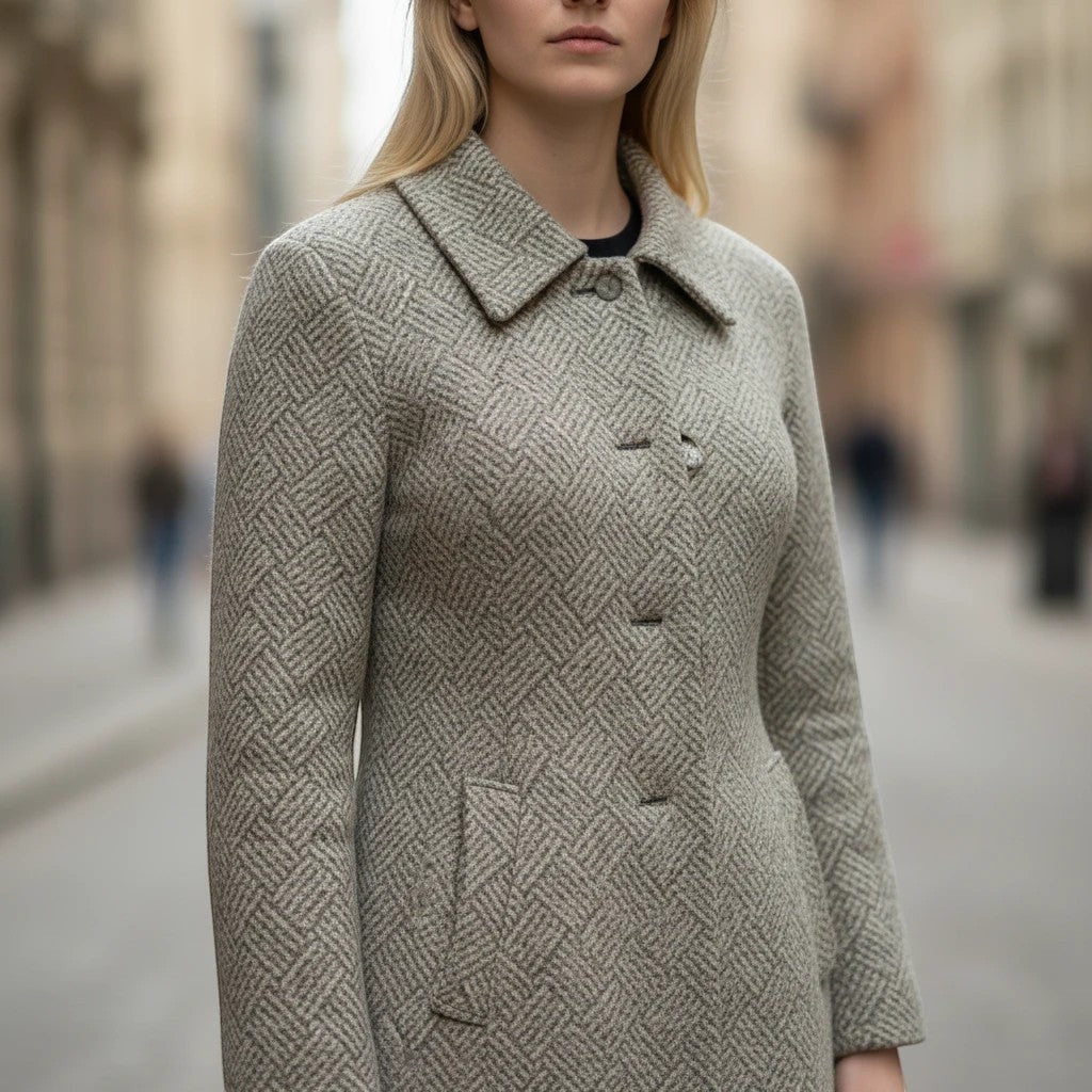 Z&A longline coat in a neutral textured wool-blend with a geometric herringbone pattern and button-front closure.