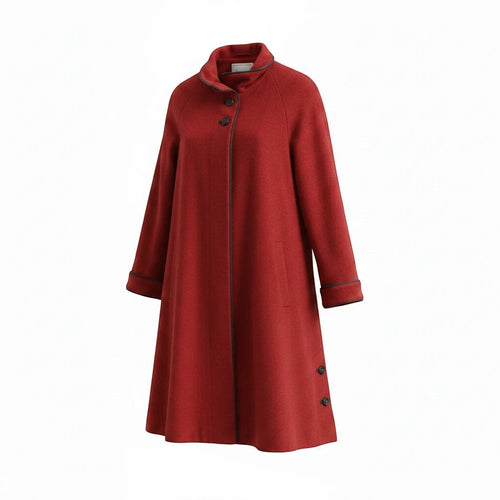 Z&A deep crimson red wool-blend A-line winter coat with funnel neck, contrast piping, and button-front closure.